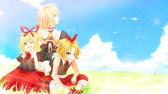 Grass clouds dolls Anime dress Ribbons blondes long hair blue 