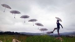 Grass clouds Men Umbrellas skyscapes