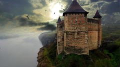 Grass clouds ocean Birds Plants Bridges castle sunlight