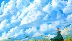 Grass clouds sky wind Anime dress blue hair anime girls blue 