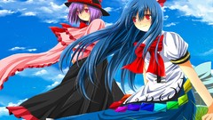 Grass clouds wind dress hats red eyes Ribbons bows outdoors 