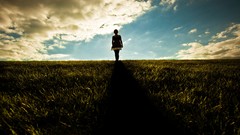 Grass clouds woman fields skyscapes