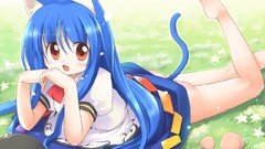 Grass dress hats red eyes blush blue hair long hair anime girls 
