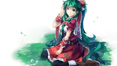 Grass dress white background sitting red dress bows belts blush 