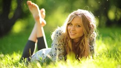 Grass feet woman outdoors blondes sunlight smiling barefoot 