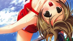 Grass jump wet blush anime girls green eyes cleavage original 