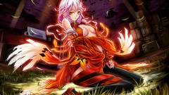 Grass light Computers ruins red eyes gloves sitting red dress 