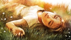 Grass light woman paintings white flowers closed eyes lying 