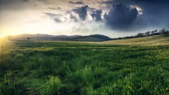 Grass Mountains clouds Green abstract scene