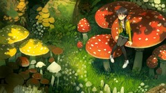 Grass mushrooms Plants Anime long hair anime girls brown eyes 