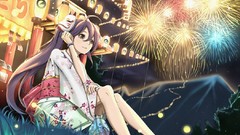 Grass night Stars Anime fireworks long hair brown eyes yukata 