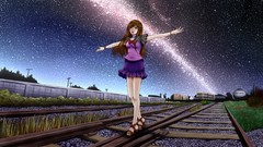 Grass night Stars brown long hair blue eyes railroad tracks 