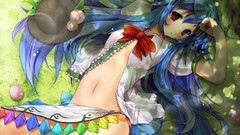 Grass peach hats red eyes fruits bows shadows sunlight blush 