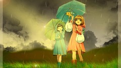 Grass rain Umbrellas anime girls brunettes black hair kinomoto 