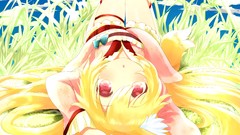 Grass red eyes blondes anime girls animal ears lying down 