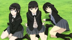 Grass schoolgirls anime girls school uniforms black hair 