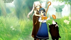 Grass sheep food staff white hair blue hair long hair anime 