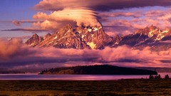 Grass snow Mountains clouds peak lakes surreal plains magenta