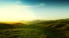 Grass sun clouds sky hills light Green meadows
