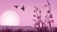 Grass sun pink Birds floral