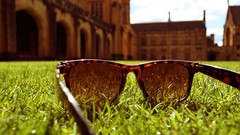 Grass sunglasses buildings blurred background low-angle shot