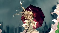 Grass Umbrellas blondes white dress artwork