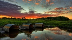 Grass water clouds reflections skyscapes