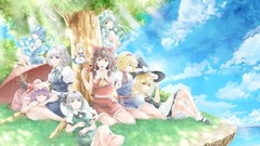 Grass water clouds sky Shade legs blondes anime girls brown 