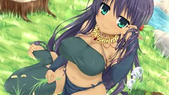 Grass water navel stockings long hair green eyes purple hair 