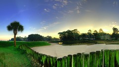 Grass water palm trees houses HDR Photography