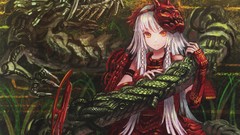Grass weapons Dragons Monsters armor white hair red eyes red 
