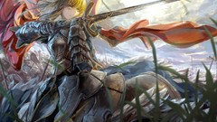 Grass weapons Knights armor Warriors saber Swords blondes green 