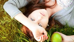 Grass woman apples close-up fields models lying down redheads