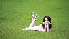 Grass woman asians models black hair lying down Korean Han Ga 