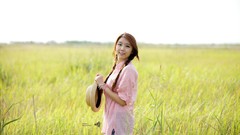 Grass woman asians smiling brunettes models Korean Kim Ha Eum