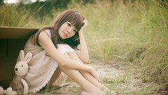 Grass woman asians teddy bears