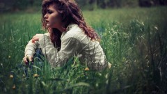 Grass woman brunettes