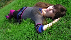 Grass woman brunettes huge boobs