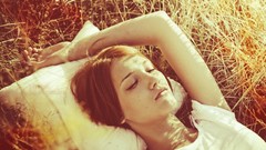 Grass woman brunettes short hair lying down