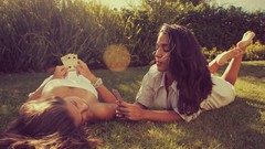 Grass woman Cards outdoors brunettes lying down