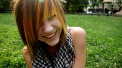 Grass woman emo faces smiling closed eyes redheads teen