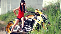 Grass woman glasses Harley-Davidson asians motorbikes