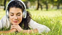 Grass woman headphones