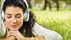 Grass woman headphones black hair