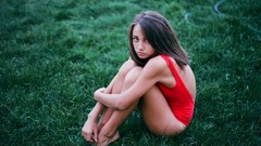 Grass woman legs long hair blue eyes brunettes teen
