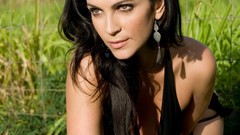 Grass woman outdoors brunettes models black dress denise milani 