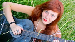 Grass woman sitting guitars redheads girls in nature