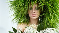 Grass woman teeth lips green eyes brunettes