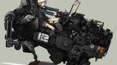 Gray background Bags driving helmets anime girls short hair 