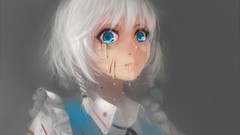 Gray background blood tears white hair Ribbons anime girls blue 